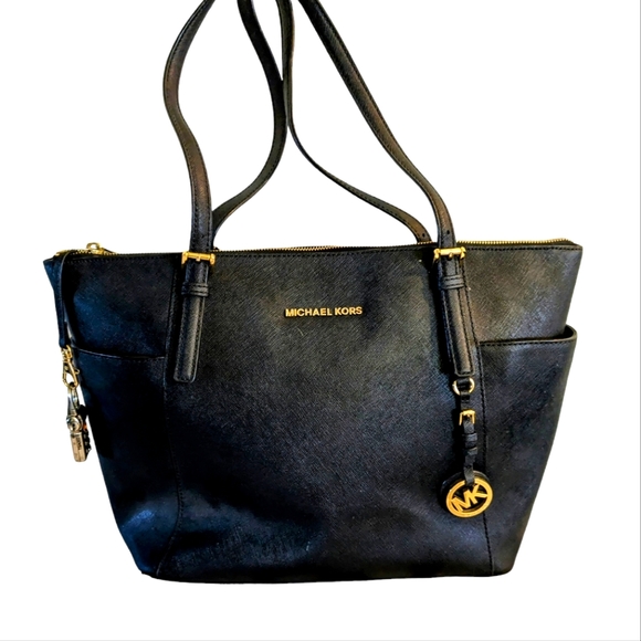 SALE!!! Michael Kors Jet Set Saffiano Black Leather Signature Lg Satchel Handbag - Picture 2 of 16